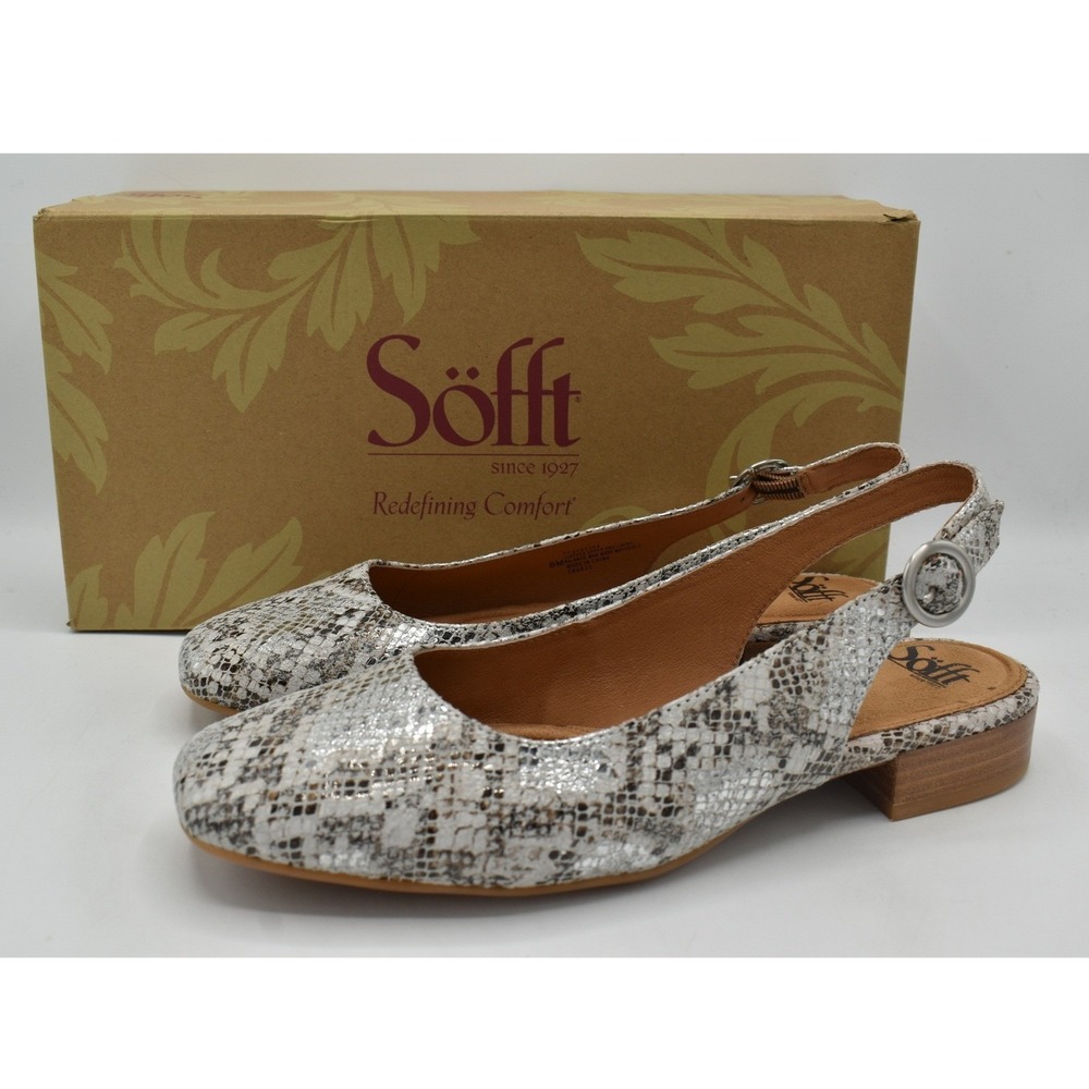 Sofft Endora Slingback Flats Women 8.5 Silver Snakeskin Leather Square Toe Flat
